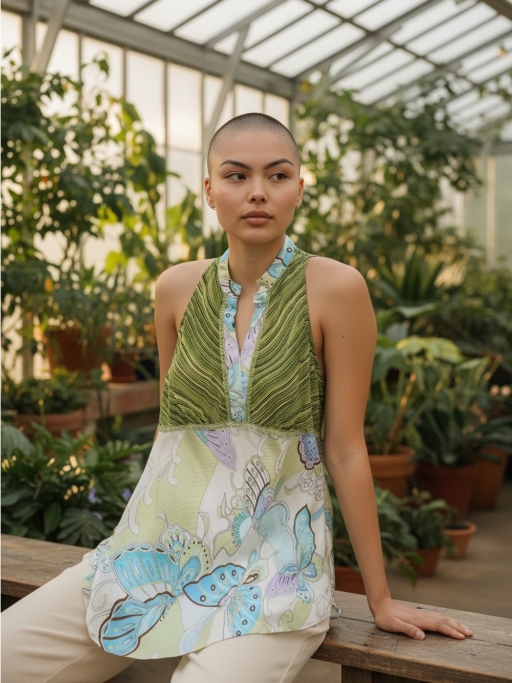 Sleeveless Green and Blue Butterfly Tunic Top